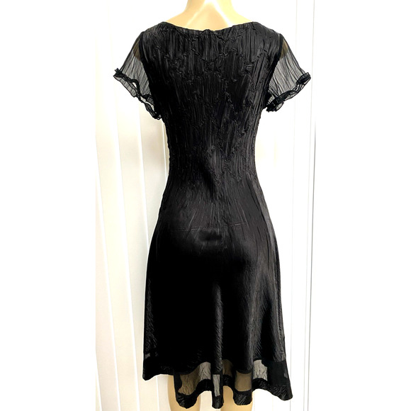 Komarov Dress Midi Black Short Sheer Sleeve Fit Flare Satin V Neck Solid L - Picture 2 of 8